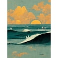 thumbnail image 1 of Surfers Surfing Chasing Waves at Sunset Teal Mustard Abstract Oil Paint Large Wall Art Poster Print Thick Paper 18X24 Inch, 1 of 5