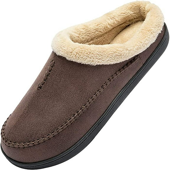 Needbo Men's Moccasin Slippers Fleece Fuzzy Lined House Shoes with Memory Foam Non-slip Rubber Sole, Coffee Size 13-14