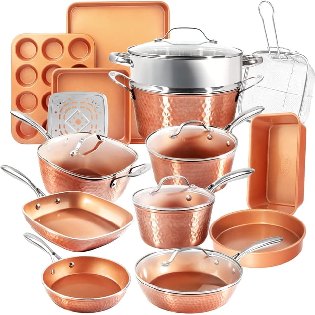 Gotham Steel Hammered Copper 20 Piece Nonstick Cookware and Bakeware Set Dishwasher and Oven Safe