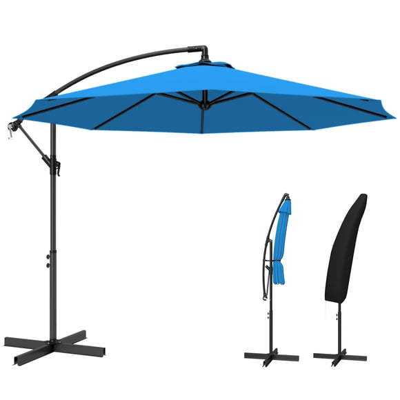 Outsunny 10ft Patio Umbrella, Garden Hanging Parasol with Crank, Blue