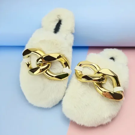 

Women‘s Metal Chain Square Toe Flat Slippers Faux Fur Fuzzy Slides Women‘s Footwear