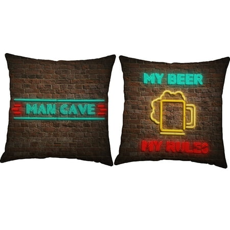 Set Of 2 Man Cave Throw Pillows 16x16 Inch Square Natural Cotton