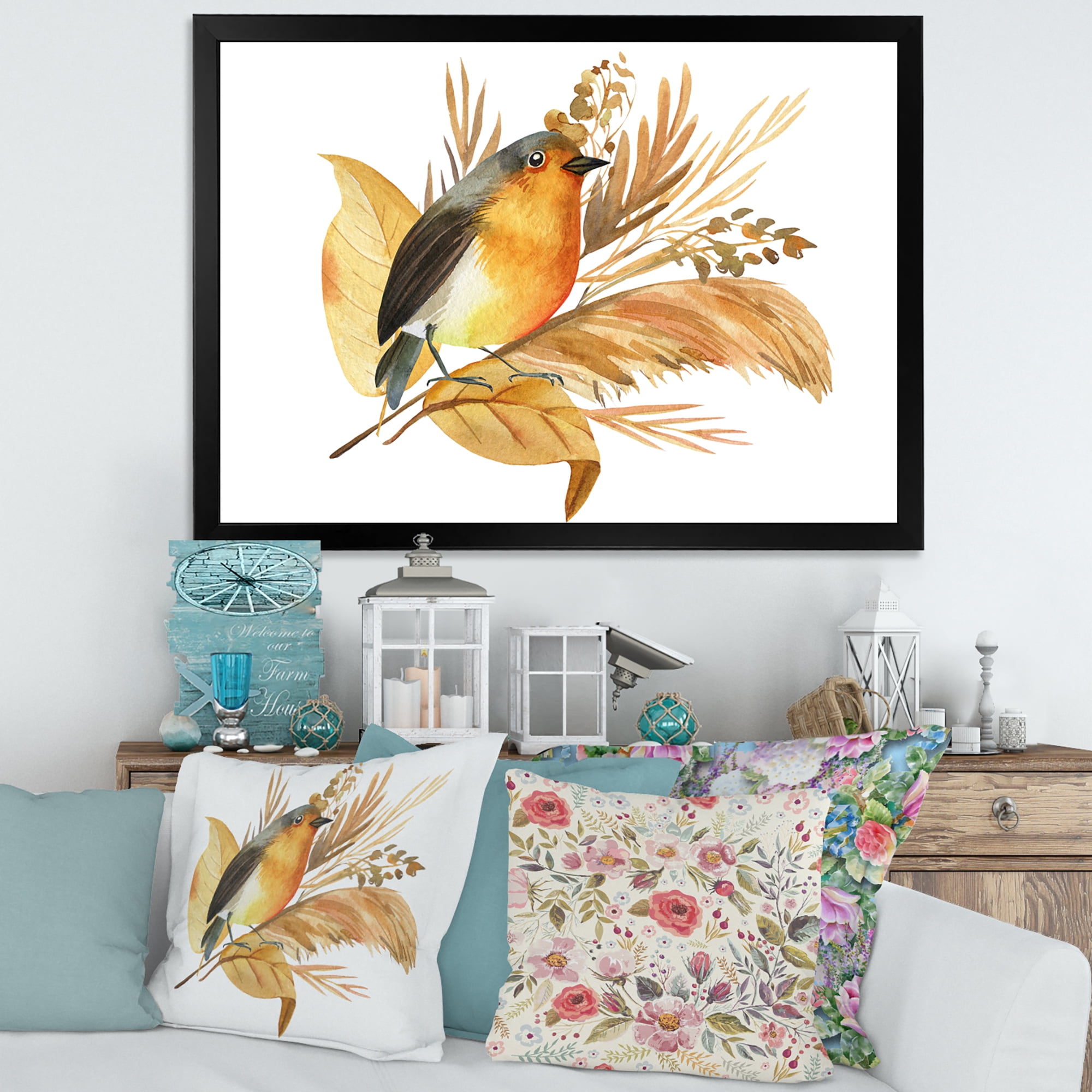 Designart 'Autumn Flowers and Robin Bird' Traditional Framed Art Print