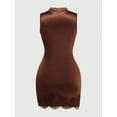 thumbnail image 2 of Brown Satin High Neck Sleeveless Bodycon Dress With Lace Trim And Pleated Waist, 2 of 8