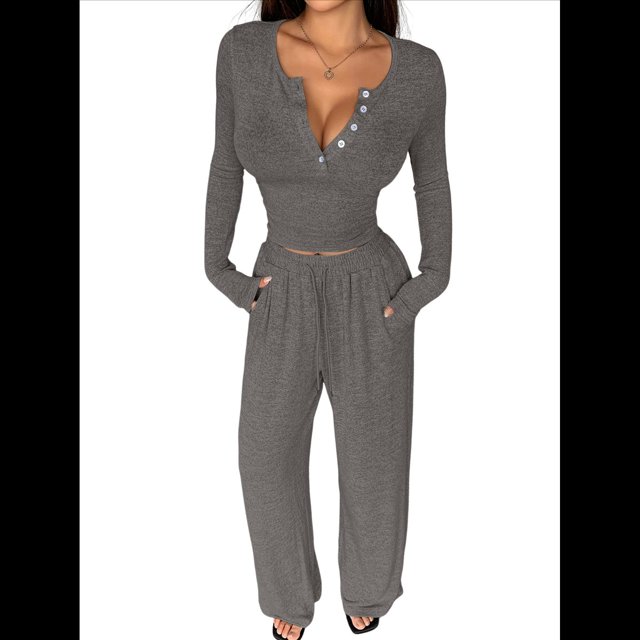 Conjuntos de Dos Piezas de Otoño para Mujer, Camiseta de Larga con Cuello en V y Pantalones Anchos, Conjuntos de Chándal Informal. Gris Oscuro XL