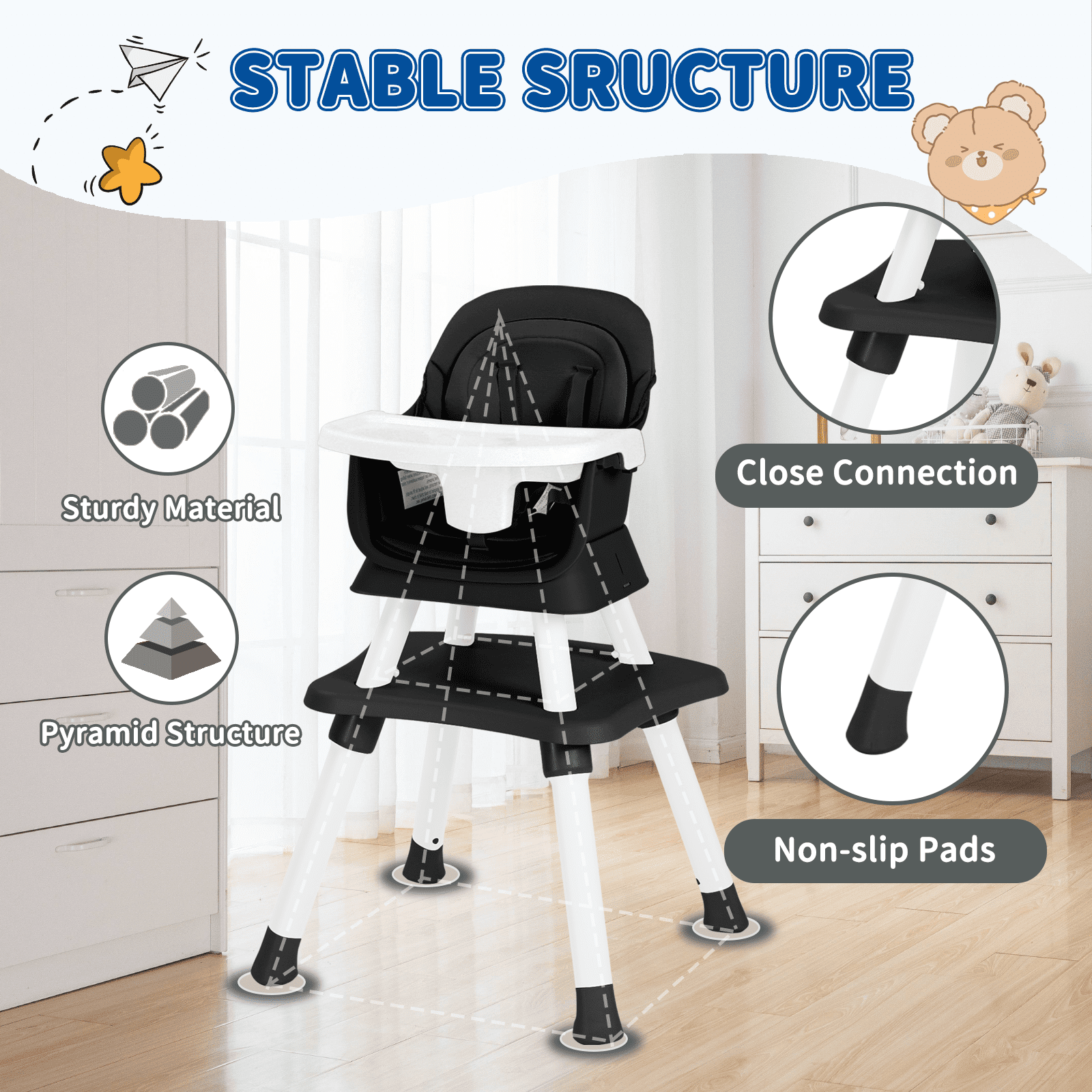 LINLUX 8 in 1 Convertible High Chair for Babies, Feeding Booster Seat for Toddlers, Black