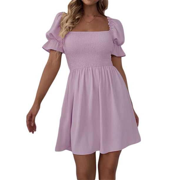 Txlixc Vestido de manga corta de mujer, cuello cuadrado, pliegue de pliegue Txlixc moda