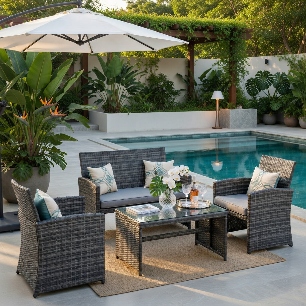 Hommoo 4-Piece Outdoor Rattan Patio Furniture Set, PE Wicker Loveseat, 2 Single Chairs & Tempered Glass Coffee Table for Backyard, Balcony, Garden, Gray