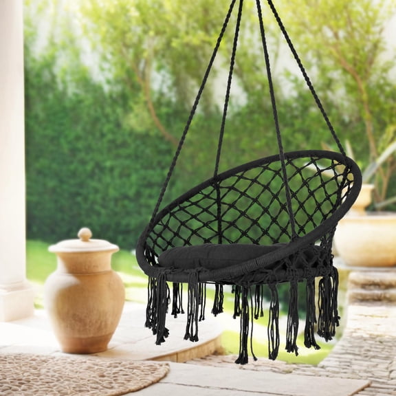 Black Macrame Hanging Chair, 360 LBS Capacity Hammock Swing Chair with Cotton Cushion & Hardware Kit, Boho Woven Hanging Chair for Indoor/Outdoor Use