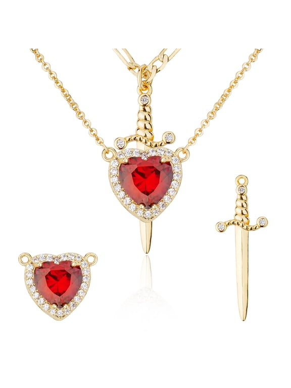 14K Gold Plated Heart and Dagger Necklace Set - Red Cubic Zirconia Interlocking Couples Matching Pendant Necklaces, Romantic Jewelry Gift