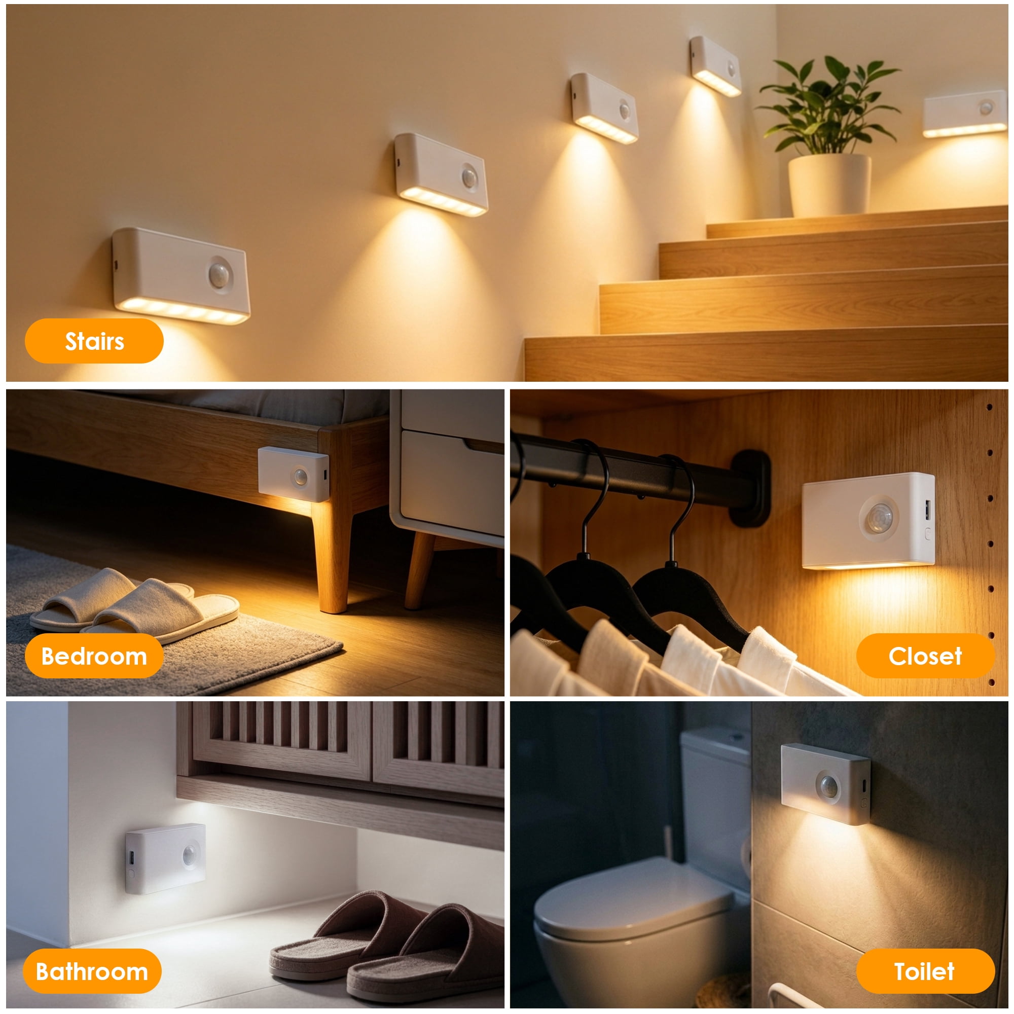 GUPUP Stair Lights Indoor, Dimmable, Rechargeable Motion Sensor LED Night Light with 3 Color Modes for Hallway, Bathroom & Living Room, 6 Pack