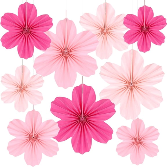 9PCS Paper Flowers Party Decorations, Pink Hanging Flower Wall Backdrop, Paper Fans Hanging Ornaments for Wedding Birthday Party Valentine's Day Engagement Decor
