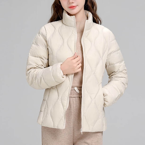 Parkas de manga larga para mujer, chaqueta ligera de plumón de invierno, estilo corto, cuello alto, chaqueta cálida de manga larga, chaqueta de manga larga, parte superior de poliéster para mujer