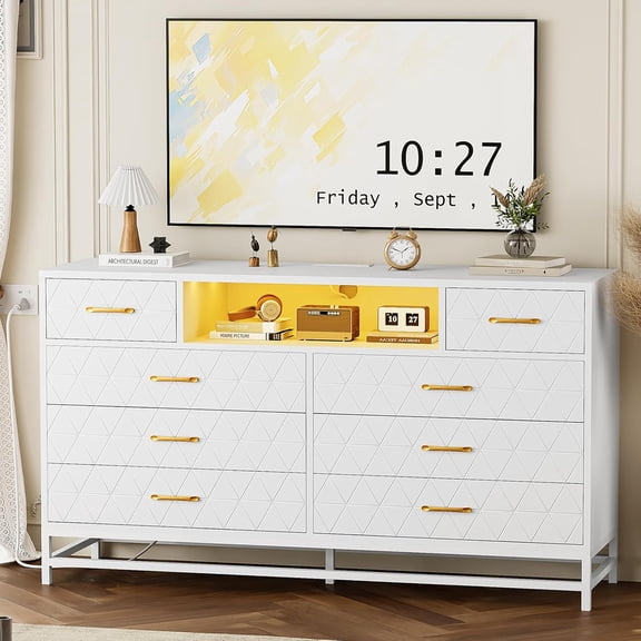 8 Drawer Dresser for Bedroom, Pink Dresser with Led Light, 55 Inch Tv Stand Dressers with Power Outlet, Large Dressers Bedroom with Deep Drawers, Handles