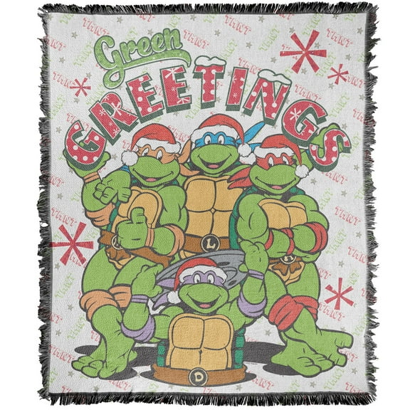 TMNT Teenage Mutant Ninja Turtles Blanket, 50'x60' Green Greetings Woven Tapestry Cotton Blend Fringed Throw Blanket