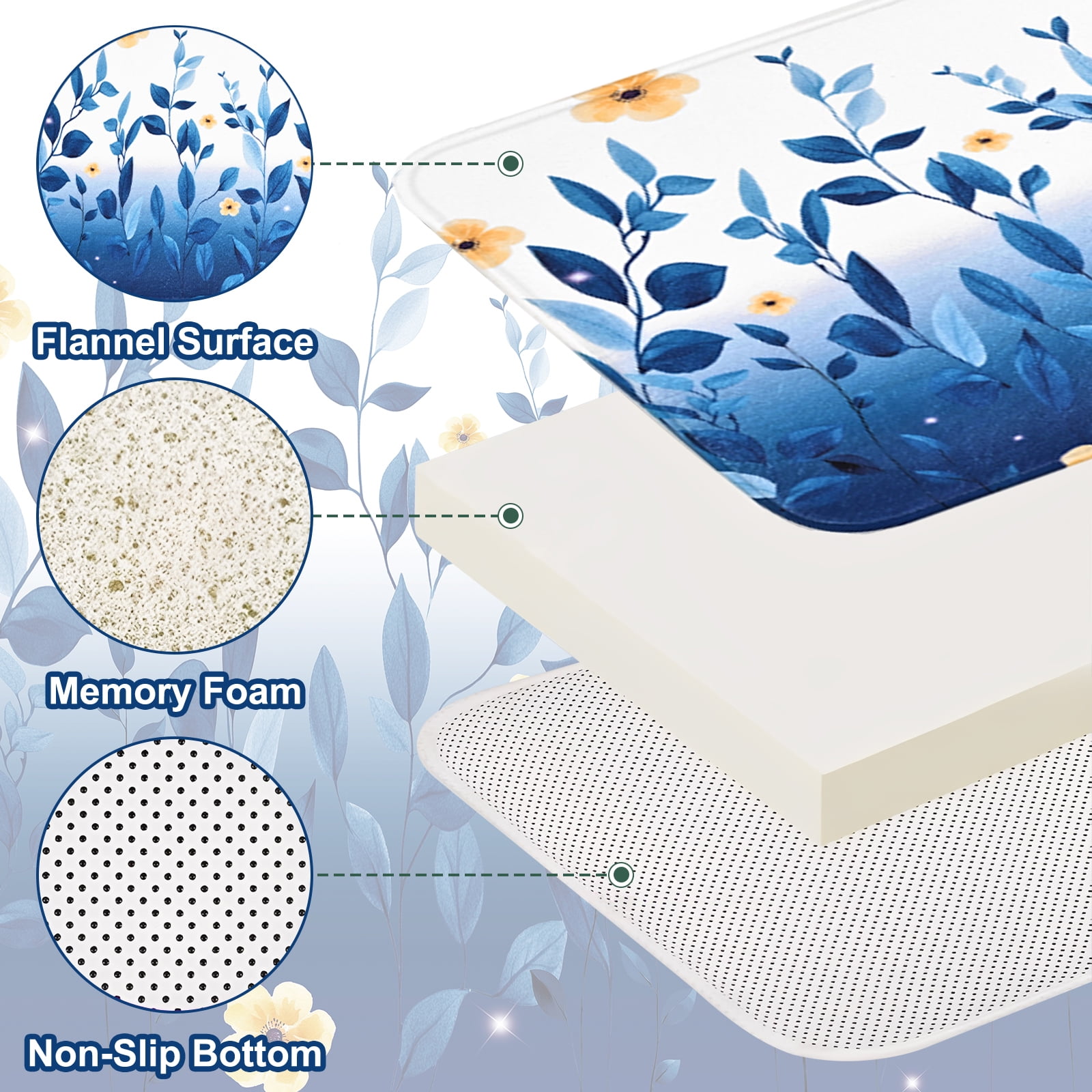 FRAMICS 16-Piece Ombre Floral Shower Curtain Sets with Rugs, Blue Eucalyptus Leaves Bathroom Sets, Waterproof Fabric Bathroom Curtain Decor with Hooks