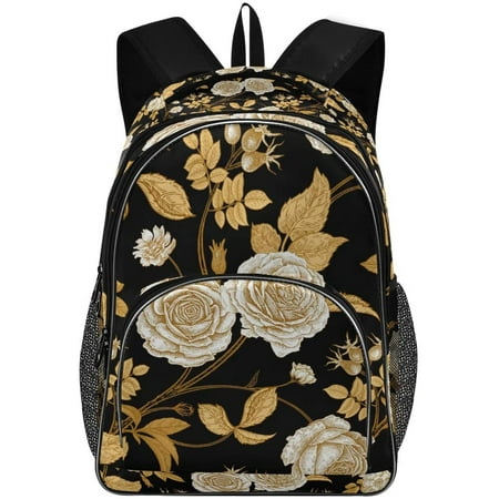 Schoolbag for Girls Boys,Vintage White Roses With Gold Leaves Backpack ...