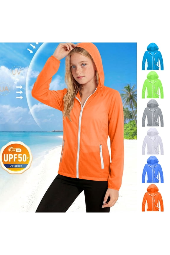 Kids UPF 50+ Sun Protection Shirts Zip Up Hoodie Summer Jackets Long Sleeve Lightweight UV Protection Tops for 5-12 Years Orange 11 Years