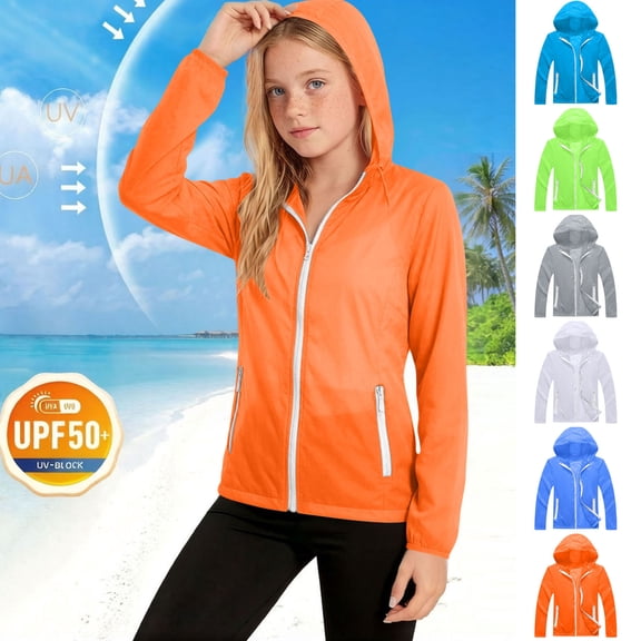 akafmk Girls Lightweights Jacket Sun Protection Hooded Zip Up Windbreaker Softshell Summer Fall Coat for Boys Outdoor School 5-12Y