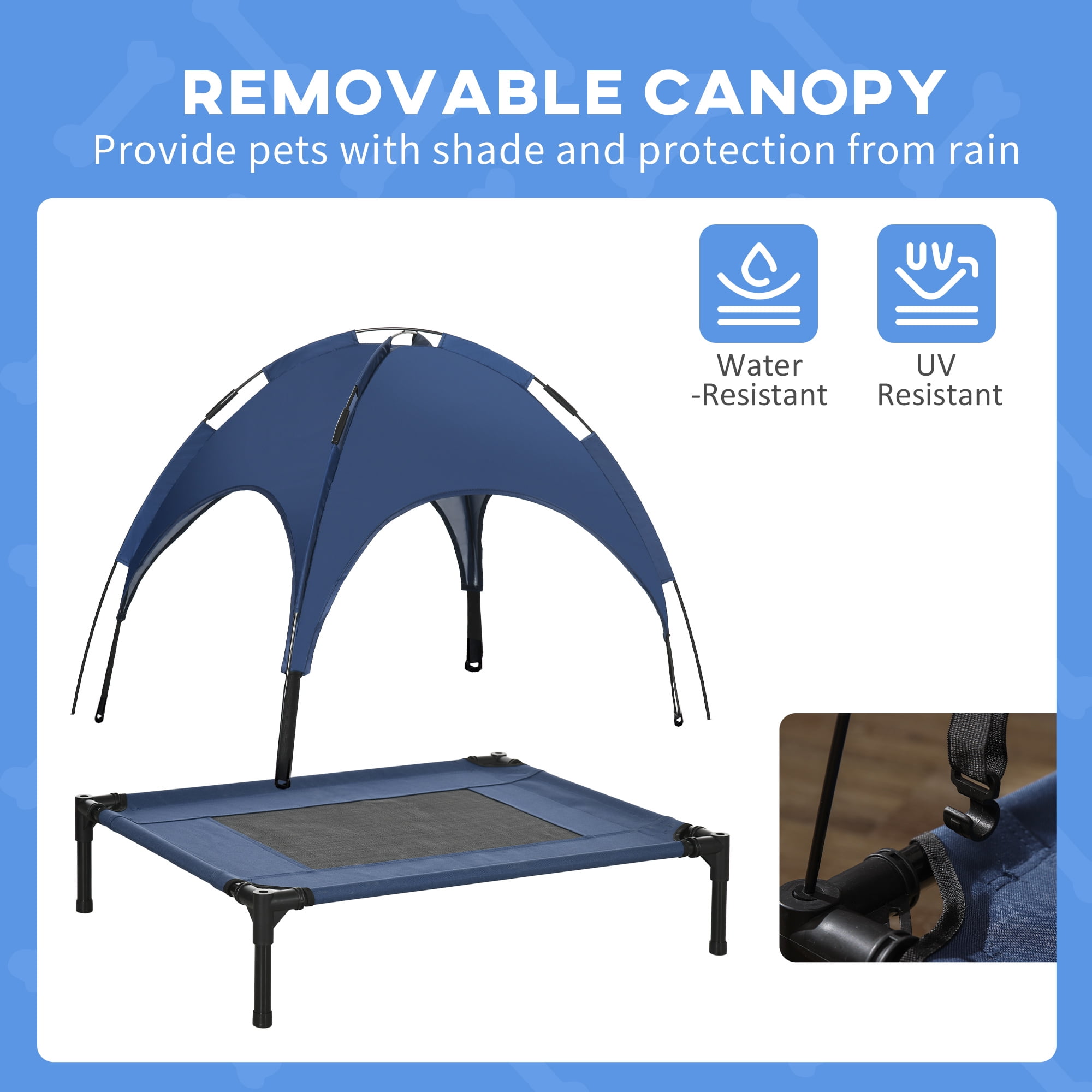 PawHut Elevated Portable Dog Cot Pet Bed with UV Protection Canopy Shade, 30 inch, Dark Blue