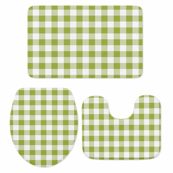 Green Plaid Bath Mat 3 Piece Bathroom Rug Set, Gradient Geometric Buffalo White Checkered Non Slip Bath Rug Contour Mat and Toilet Lid Cover, Absorbent Shower Mats Soft Bath Rugs and Mats Sets