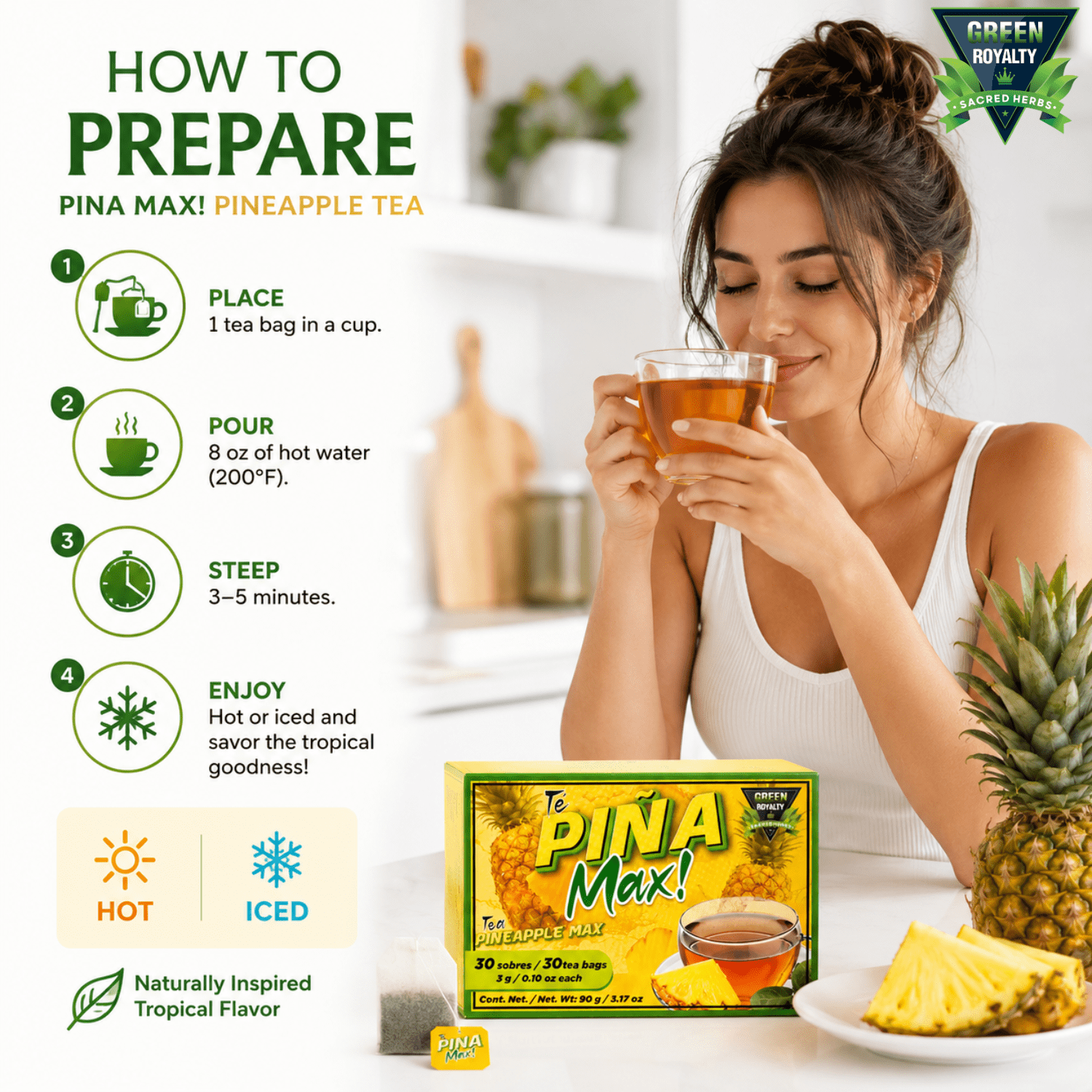 Green Royalty Piña Max Tea Digestive Support 60 Bags (2 Pack