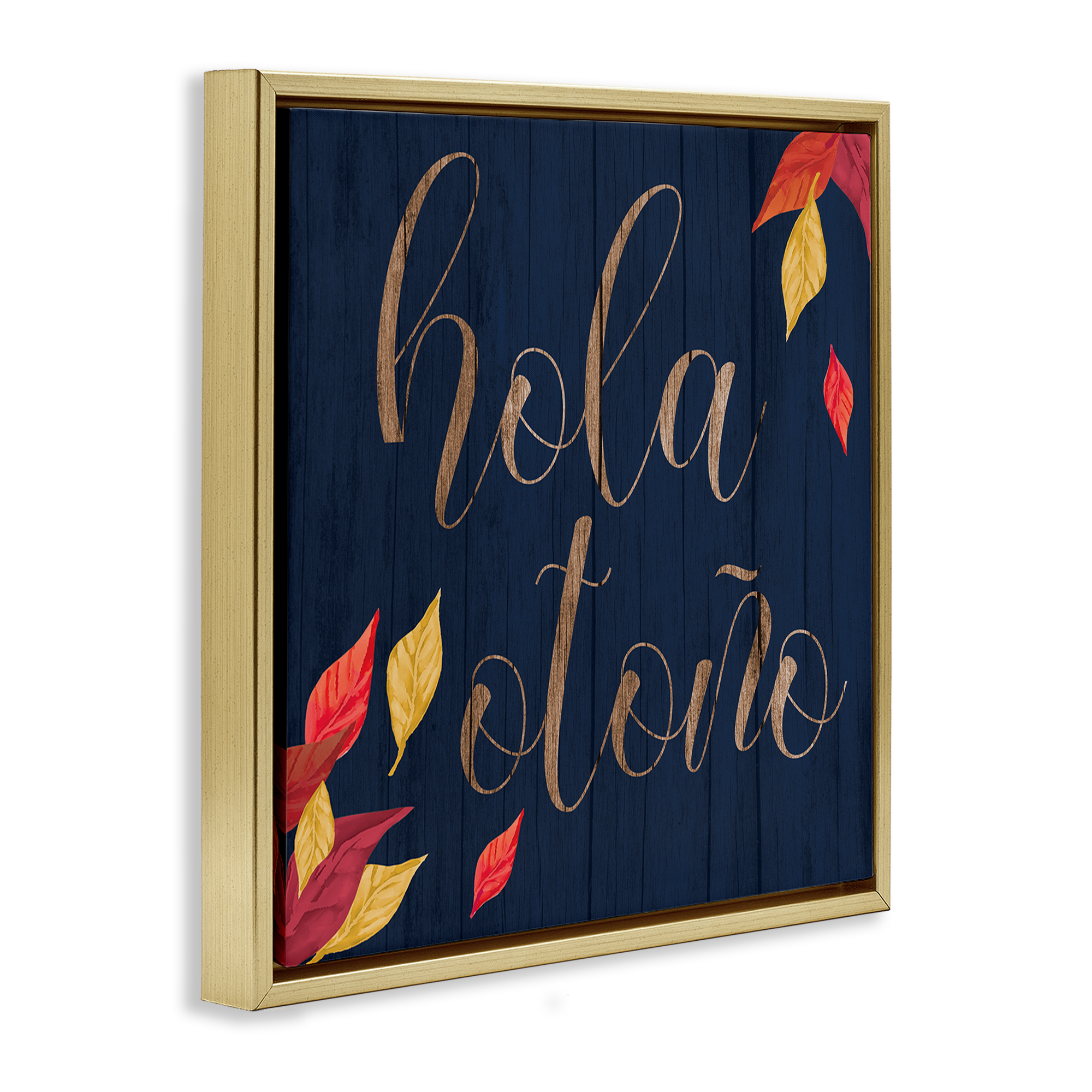 Stupell Industries Hola Otoño con Hojas Holiday Painting Gold Floater Framed Art Print Wall Art, 25 x 25