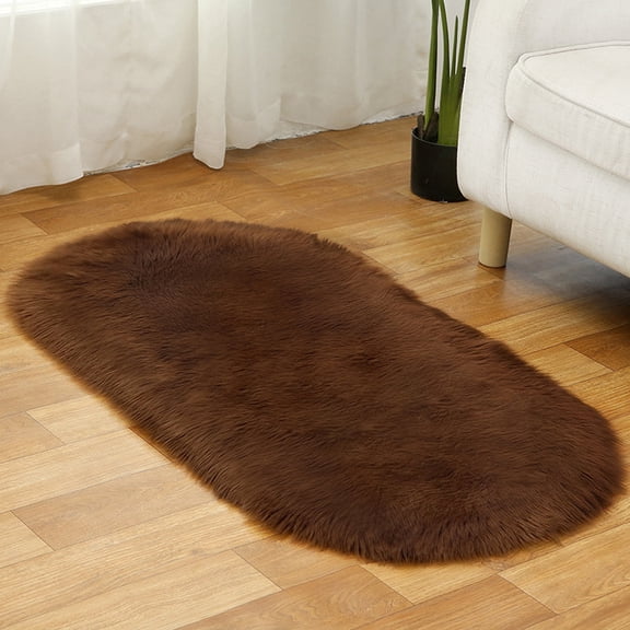 FUDAKUNA Soft Plush Brown Oval Rugs Mat 24 x 36inch Faux Fur Sheepskin Shaggy Small Carpet for Bedroom Living Room Nursery Cushion