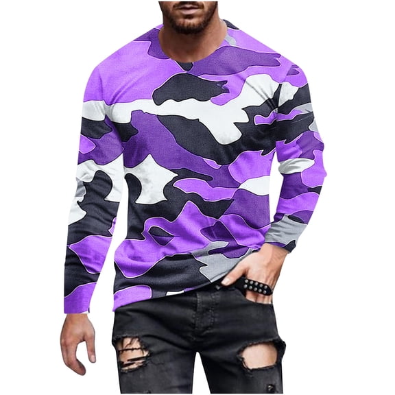 KeShDi Tshirts Shirts for Men Winter Shirts Fashionable Men'sPprinted Long Sleeved Round Neck Casual and Comfortable Purple L