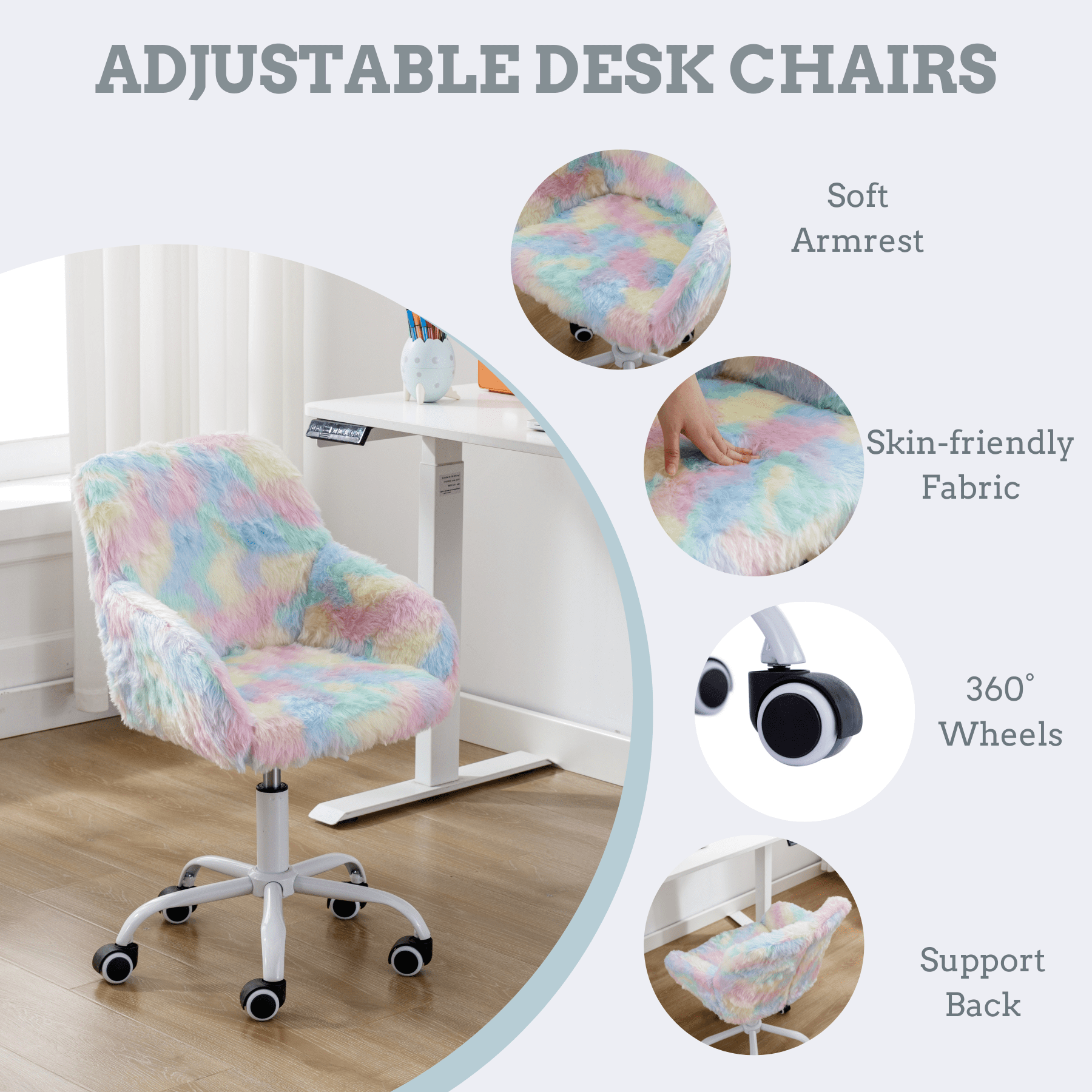 Dayalane Kids Desk Chair, Adjustable Swivel Faux Fur Study Chair with Armrests, Comfy Upholstered Computer Chair for Boys and Girls, Cute Computer Chair for Children, Rainbow-Blue