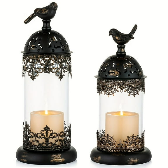 2-Pack Moroccan Wrought Iron Candle Holders - Vintage Beige Hurricane Style - for Living Room, Wedding & Garden Decor (Ornate Centerpiece)