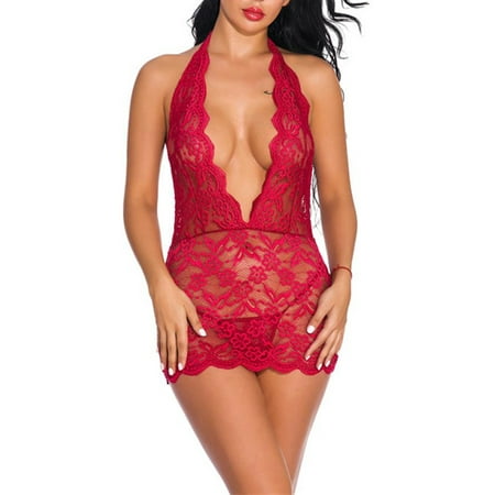 

PMIYS Womens Sexy Lingerie Lace Sheer Deep V Halter Neck Underwear + Thongs Nightwear Babydoll Hollow Sleepwear Nightdress