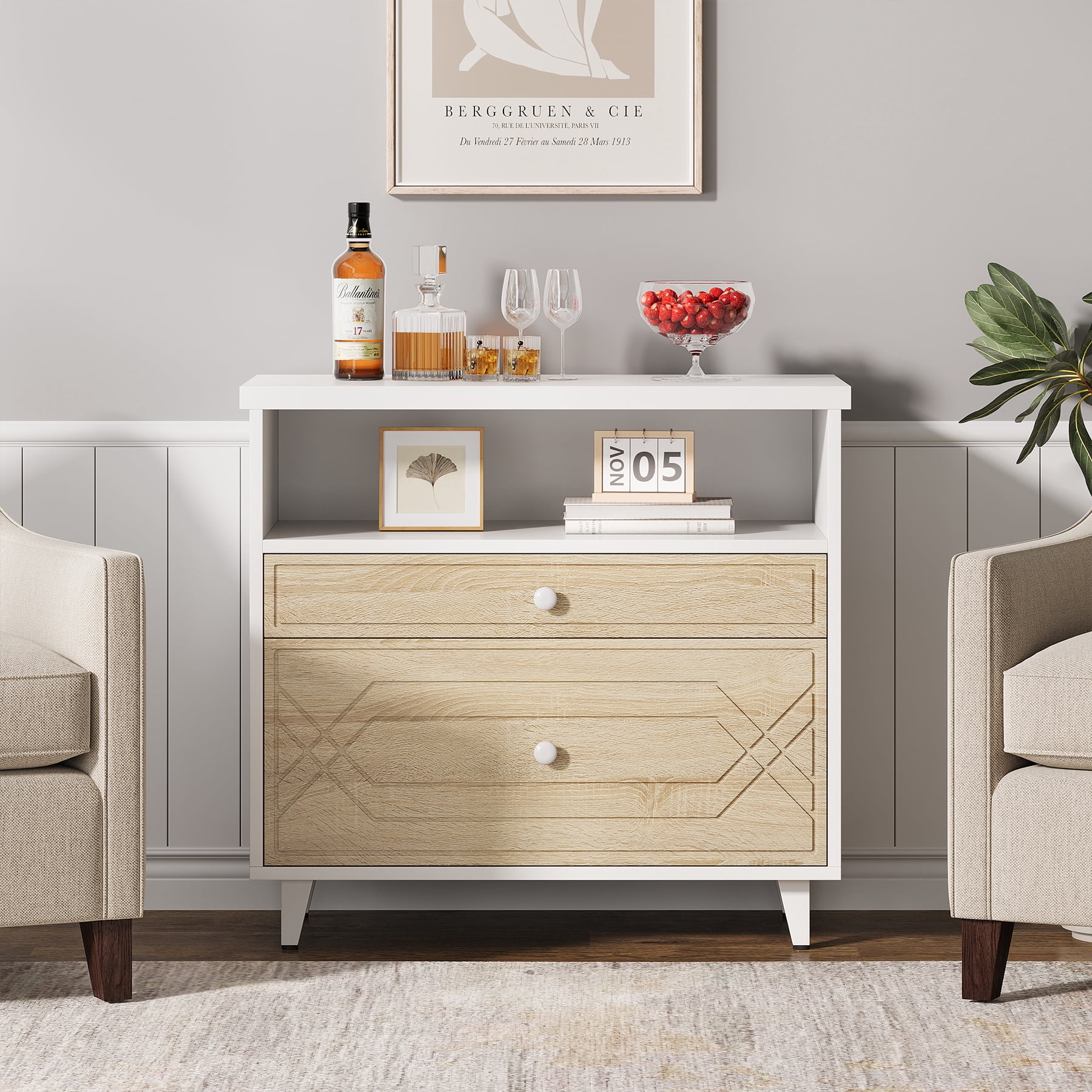 Condemo Large Storage MDF Board Metal Lateral File Cabinet Printer Stand, White and Light Brown