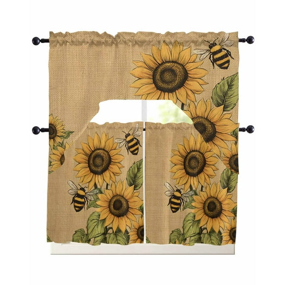 Sunflower Kitchen Curtains Sets 36 Inch Length with Valance, Vintage Bee Summer Floral Rustic Swag Valances and Tiers Curtain Set Drapes Swag Curtains for Living Room, Bathroom, Bedroom, Cafe