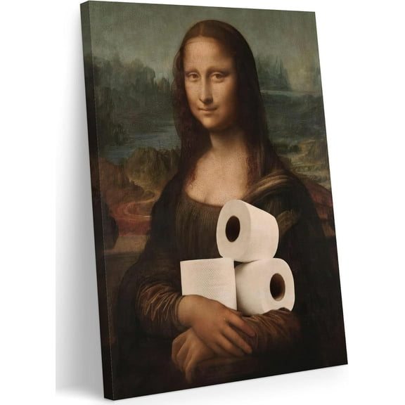 Aaheei Funny Mona Lisa Bathroom Canvas Wall Art, Vintage Painting Pictures Artwork, Black and White Mona Lisa Holding Toilet Poster Wall Decor for Restroom Toilet