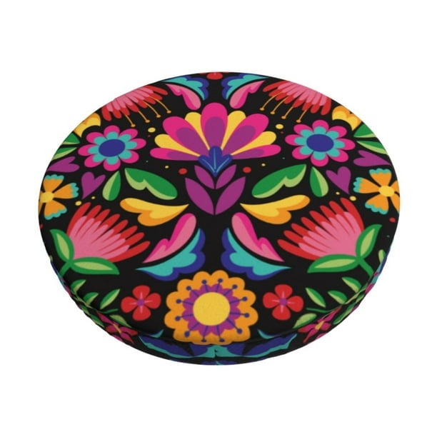 Disketp Colorful Floral Embroidery Mexican Funda Redonda para Taburete, Funda de Cojín para Silla de Bar Suave y Elástica-14 inch