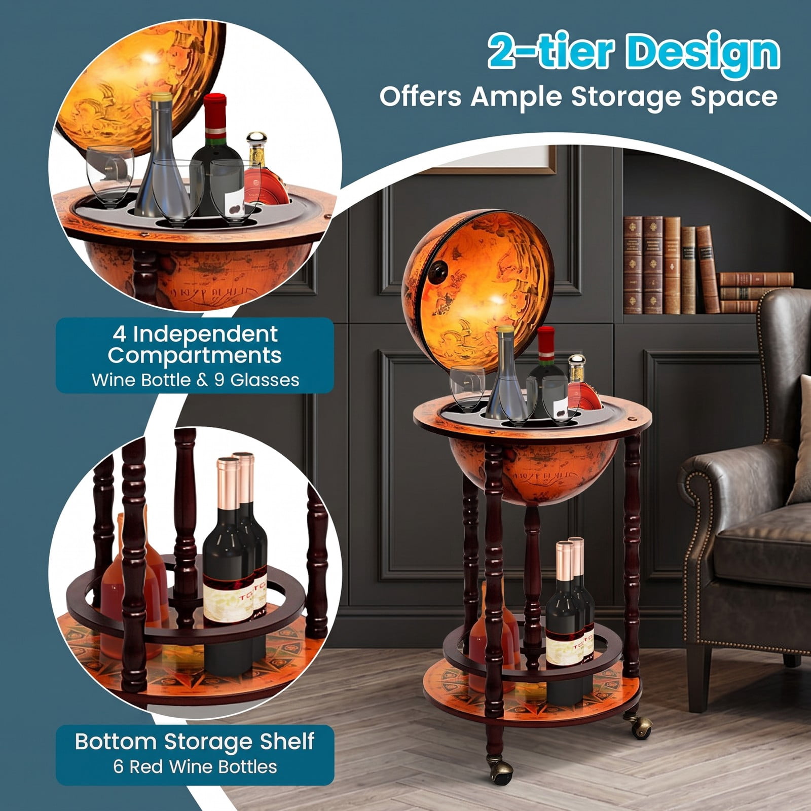 RUIE 16th Century Globe Wine Bar Stand, Freestanding Wood Wine Rack Cabinet with Antique Map Design for Living Room Bar Kitchen Storage, Brown