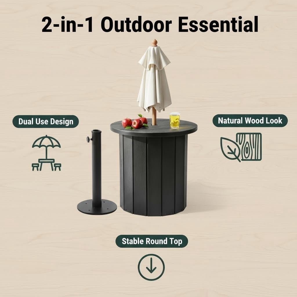 2-in-1 Outdoor Umbrella Side Table for Poolside/Yard/Deck,5cm Extended Desktop, 1.5-1.9 Inch Umbrella Hole, Fillable 5 Gallon Water Bag Base, Black