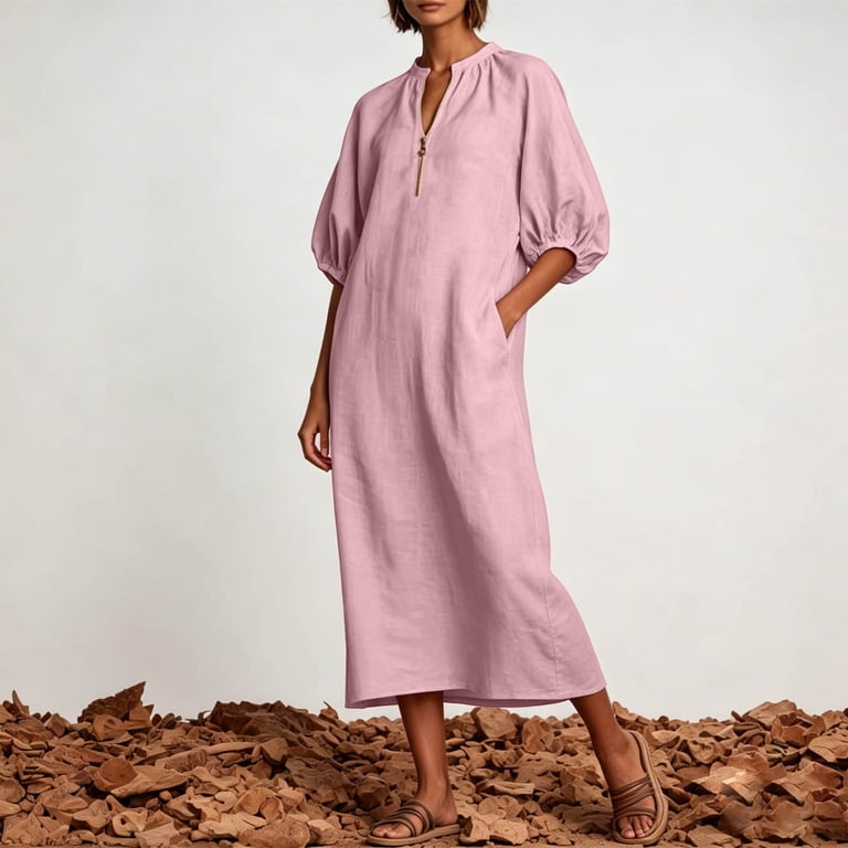 summer dresses with elbow length sleeves Sakkas Womens Henley Neck Long A-Line dress pockets S/M / D-392-A Hand wash in cold water recommended Elbow Sleeve Dress l
