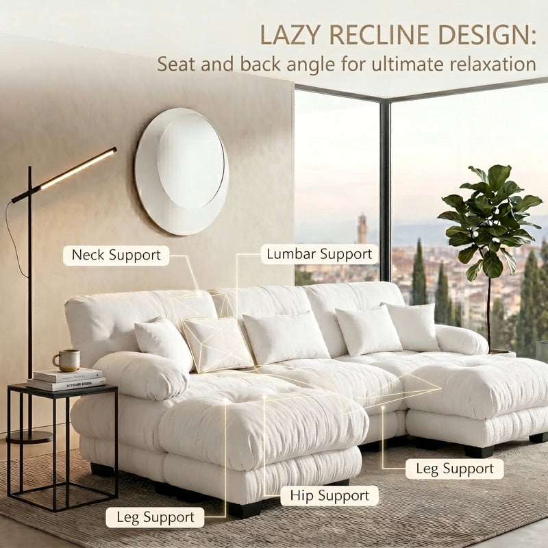 ANPPORT Cloud Couch Sleeper Sofa, Chenille White 3-Seater Modular Sofa with 2 Ottomans, 3 Lumbar pillows, 2 Pillows, Comfy Deep Seat Cloud Sofa, Convertible L-Shaped Floor Couch for Living Room