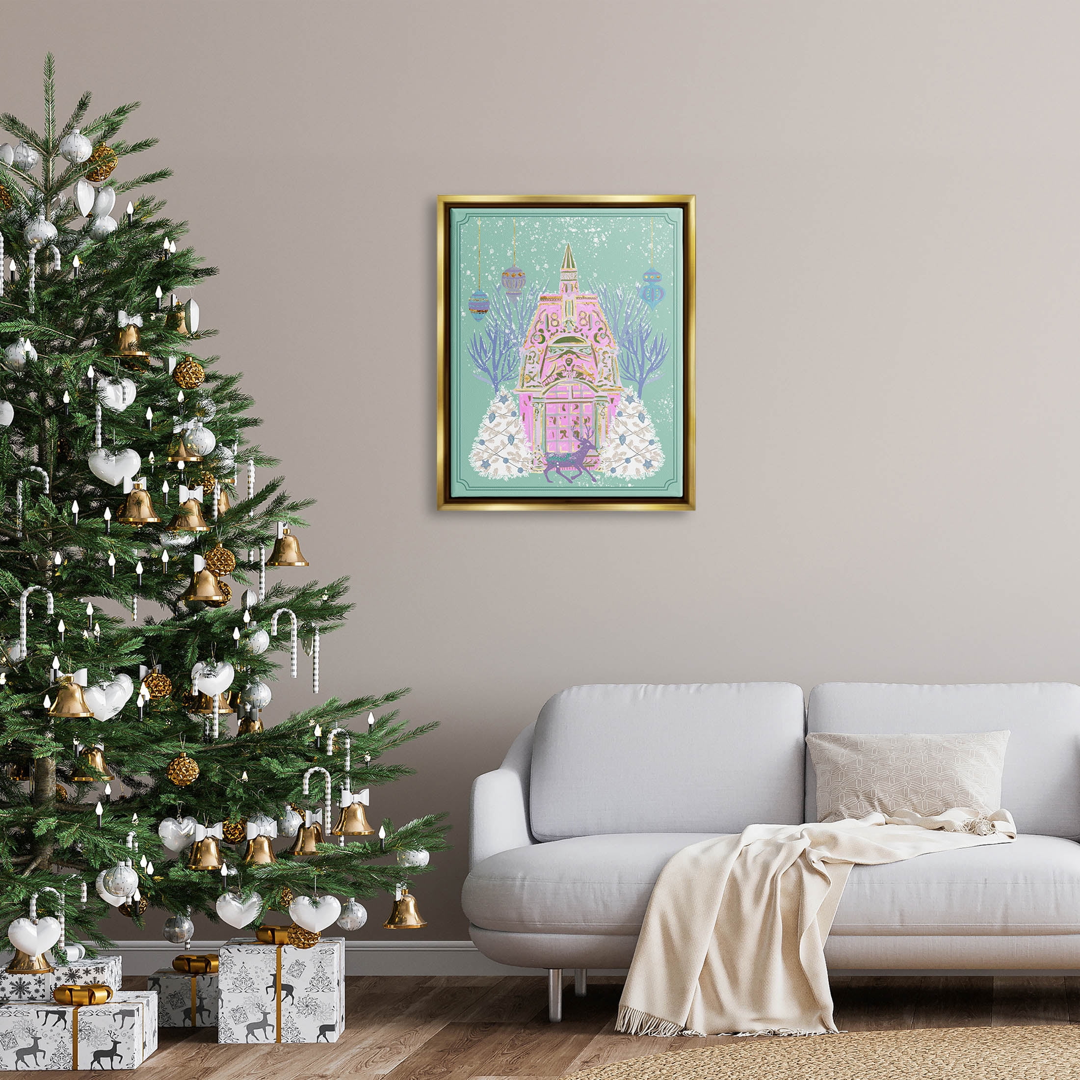 Stupell Industries Pastel Holiday Snowy Architecture Graphic Art Metallic Gold Floating Framed Canvas Print Wall Art, Design by Melissa Wang
