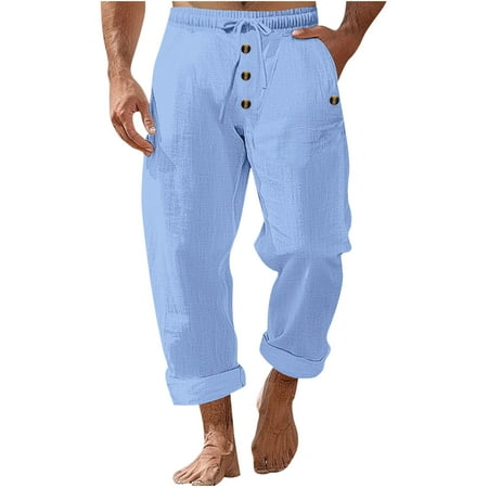 CHEEREAM Mens Linen Cropped Pants Yoga Beach Loose Fit Casual Summer Elastic Waist Drawstring Baggy Trousers with Pockets Light Blue XL