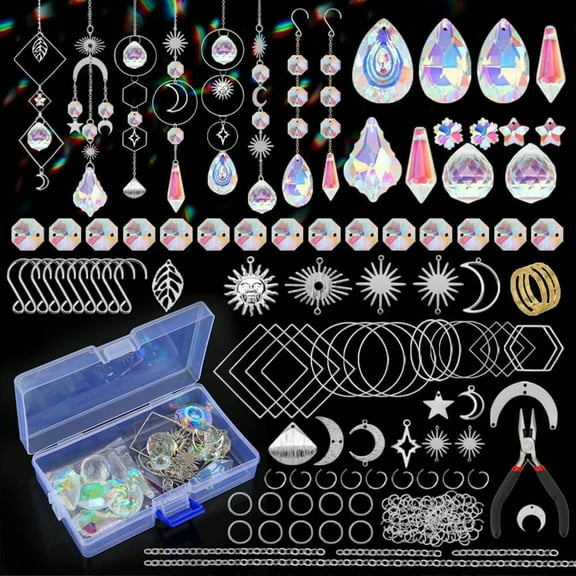 200Pcs DIY Suncatchers Making Kits Sun Catcher Kit Suncatcher Supplies Craft Stained Glass Window Hanging with Rainbow Maker Pendant for Adults Indoor Outdoor Garden Decor