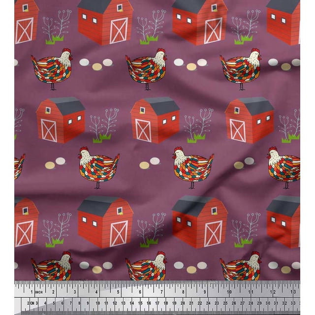 Soimoi Poly Georgette Fabric Hut,Egg & Hen Farm Decor Fabric Printed Yard 42 Inch Wide