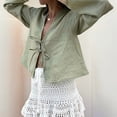 thumbnail image 5 of Tie Front Tops for Women Y2K Linen Shirts Flare Sleeve V Neck Going Out Clothes Casual Lace Up Blouses Green L, 5 of 7