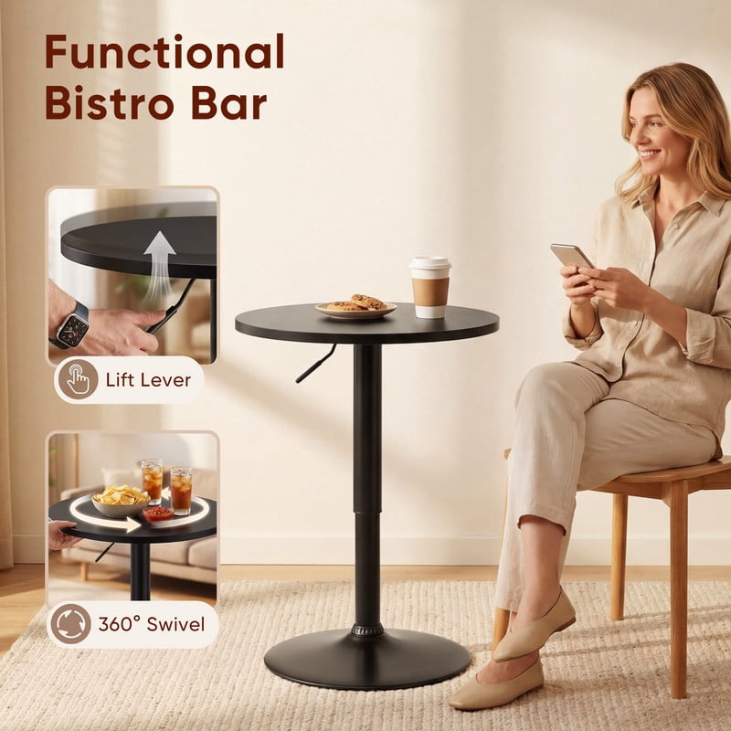 Lacoo 23.6" Adjustable Round Bistro Pub Table, Swivel Pub Table with Metal Base for Home Bar, Kitchen, Dining Room, Black