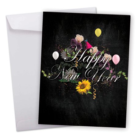 J2358ANYG Jumbo New Year Card: 'New Year Chalk and Roses New Year' Featuring Chalkboard Styled Written New Year's Greetings Combined with Beautiful and Colorful Floral Sprays Greeting Card with