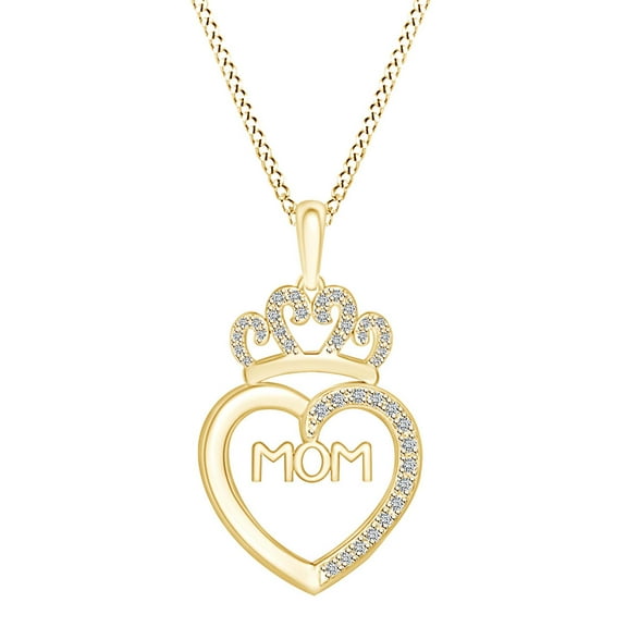 AFFY 1/5 CT White Natural Diamond Crown MOM Heart Pendant Necklace 14k Yellow Gold Over Sterling Silver 18" Chain (I-J Color, I2-I3 Clarity, 0.20 Cttw)