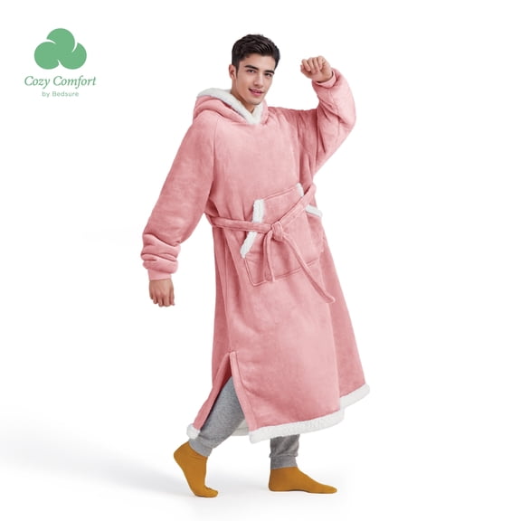 Bedsure Ovesized Side Split and Belt Wearable Blanket Hoodie, Long Sherpa Fleece Blanket Sweatshirt with Warm Big Hood, Dark Brown, Small