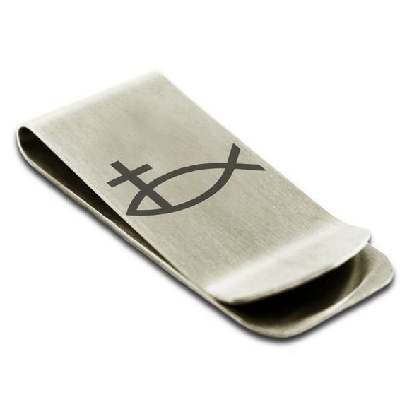 Stainless Steel Ichthus Cross Fish Engraved Money Clip Credit Card Holder